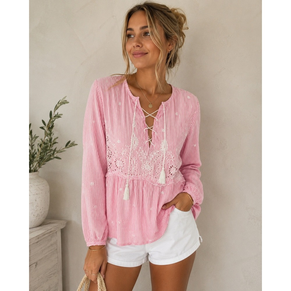 GAP Pink White Stripped Embroidered Lace Up Peasant Blouse Boho Cottagecore Med
